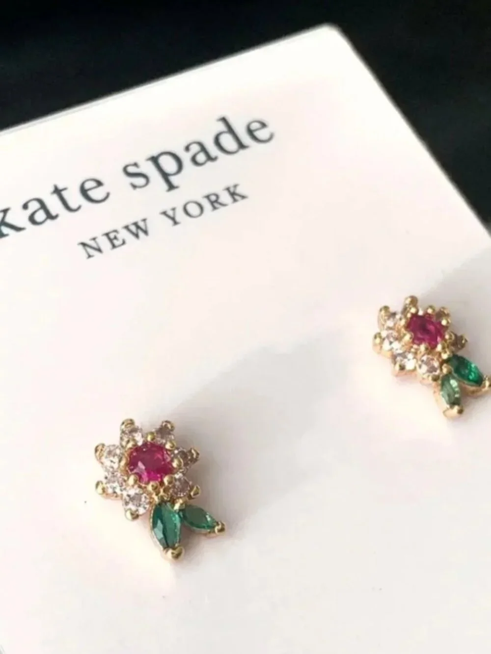 Kate Spade Crystal Floral Stud Earrings Pink Green Gold Tone Flower Earrings